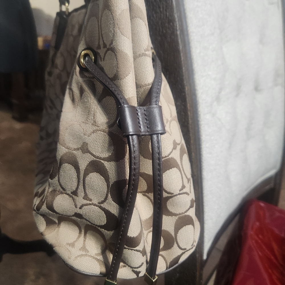 Coach Tan and Brown Green Stripe Signature Shoulder Bag